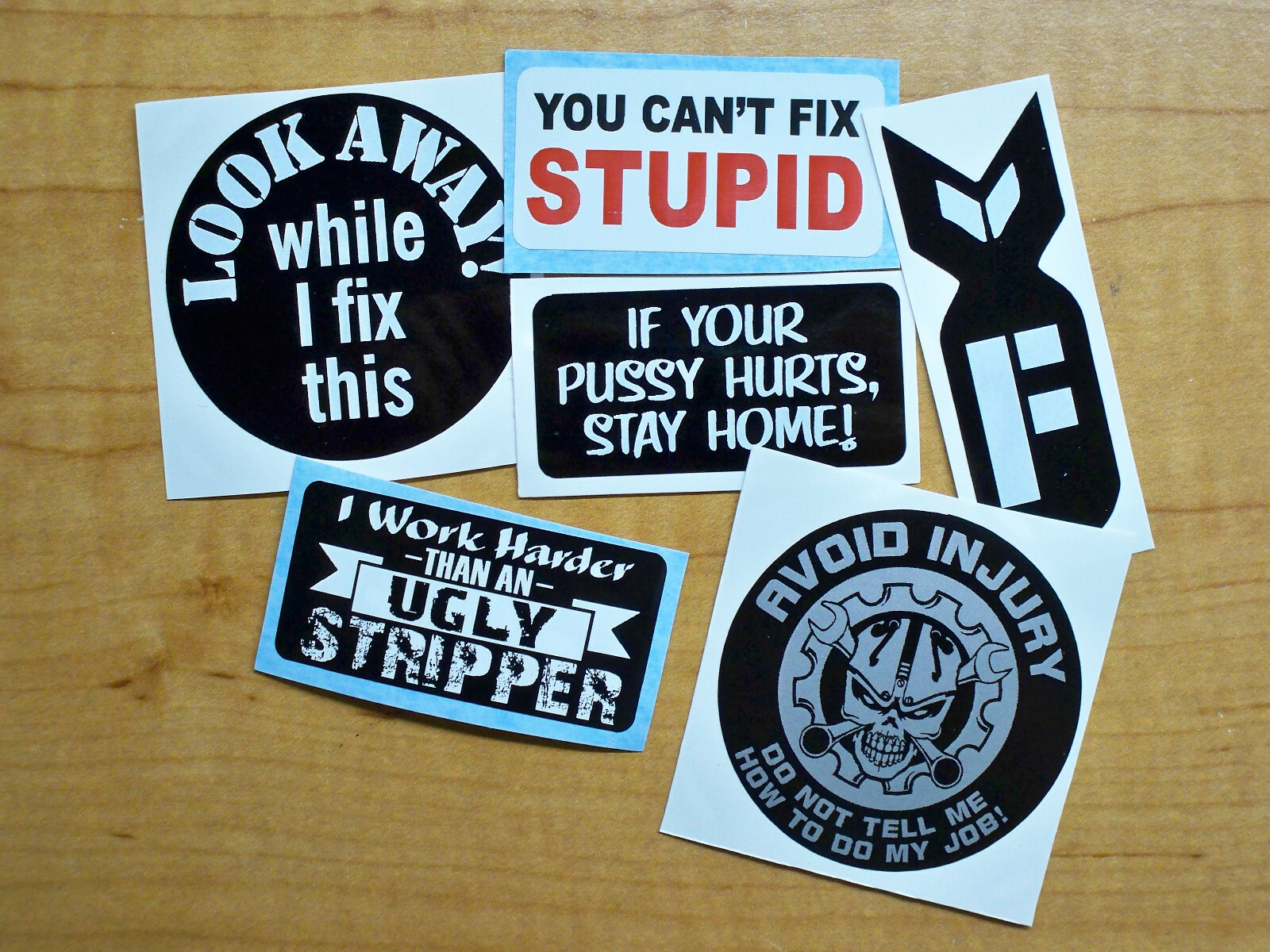 Funny Hard Hat Stickers / F-bomb Pussy Hurts Ugly Stripper Sarcastic Decals