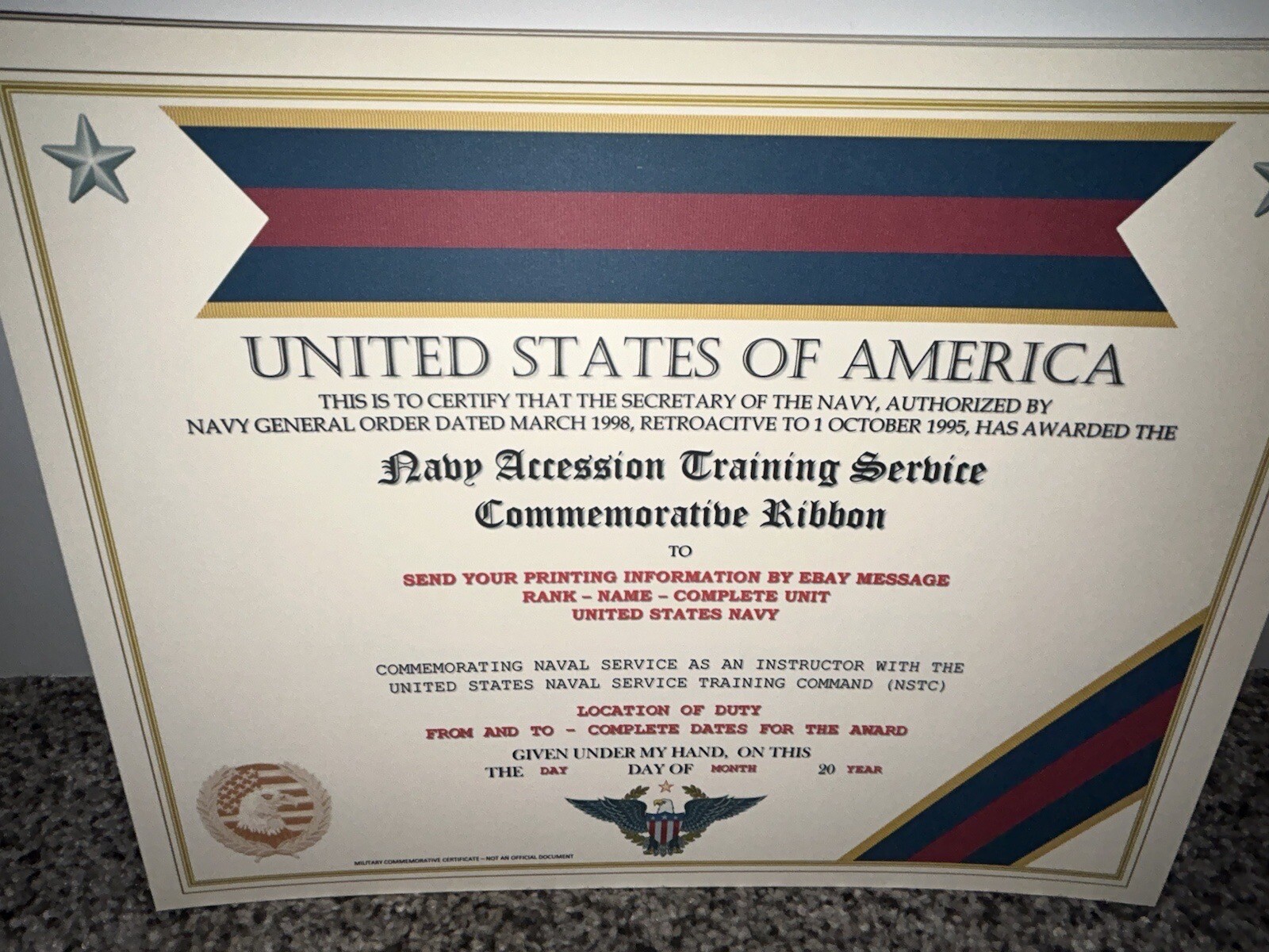 NAVY ACCESSION TRAINING SERVICE COMMEMORATIVE CERTIFICATE ~ W/PRINTING TYPE-1