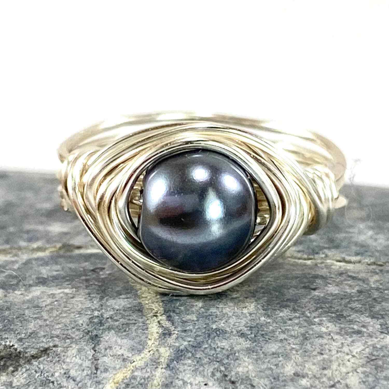 Grey Glass Pearl Silver Wire Wrapped Ring