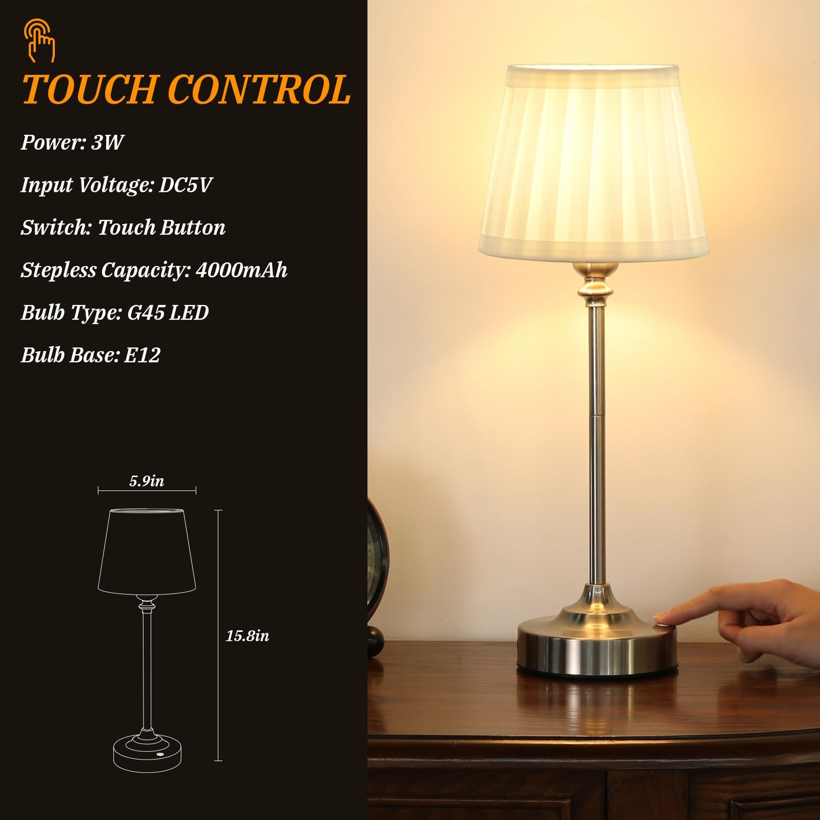 Kakanuo Cordless Table Lamp Rechargeable Silver - 4000mAh Battery, Dimmable