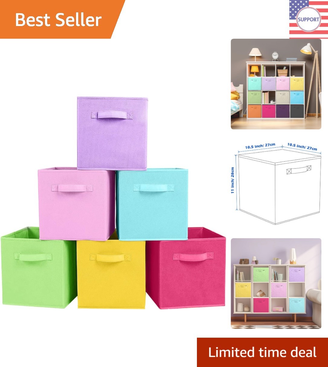 Compact 10.5x10.5x11 IN Fabric Storage Bins - 6 Colors for Home Organization
