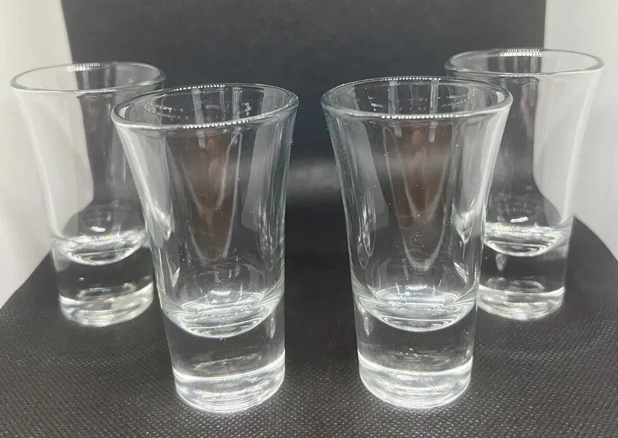 Shot Glasses Glass 3.5” Tall Very Heavy Thick Glass Marked Bottom Lot of 4 Vtg