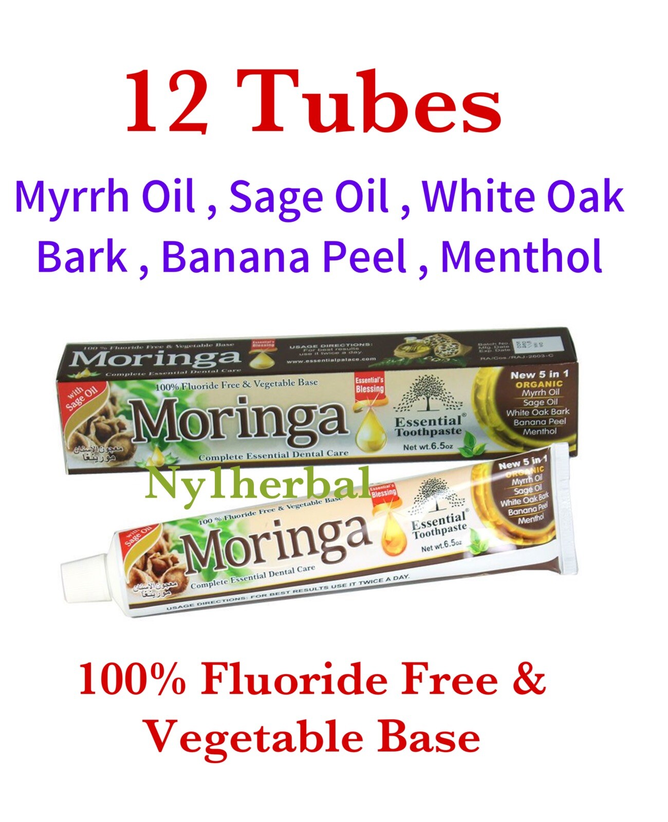 12 Tube MORINGA Toothpaste 5 in 1 Essential 100% Fluoride Free & Vegetable Base