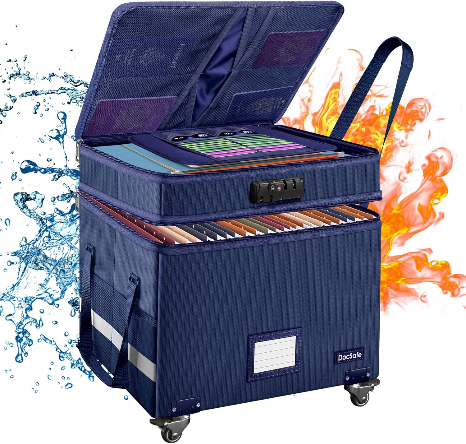 File Box with Lock, 2-Layer Fireproof Document Box with Wheels,Collapsible File