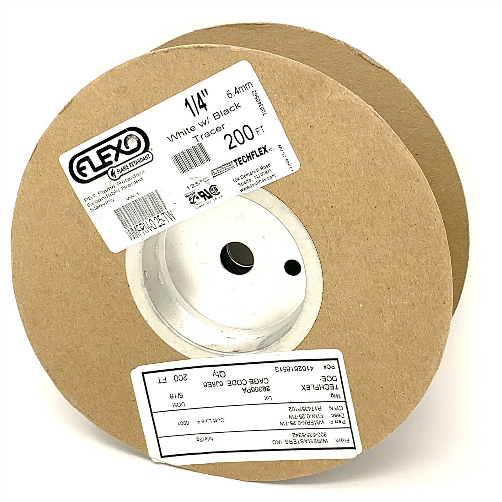 FLEXO PET FLAME RETARDENT BRAIDED SLEAVING 1/4" WHITE/BLAK TRACER 200FT ROLL NEW