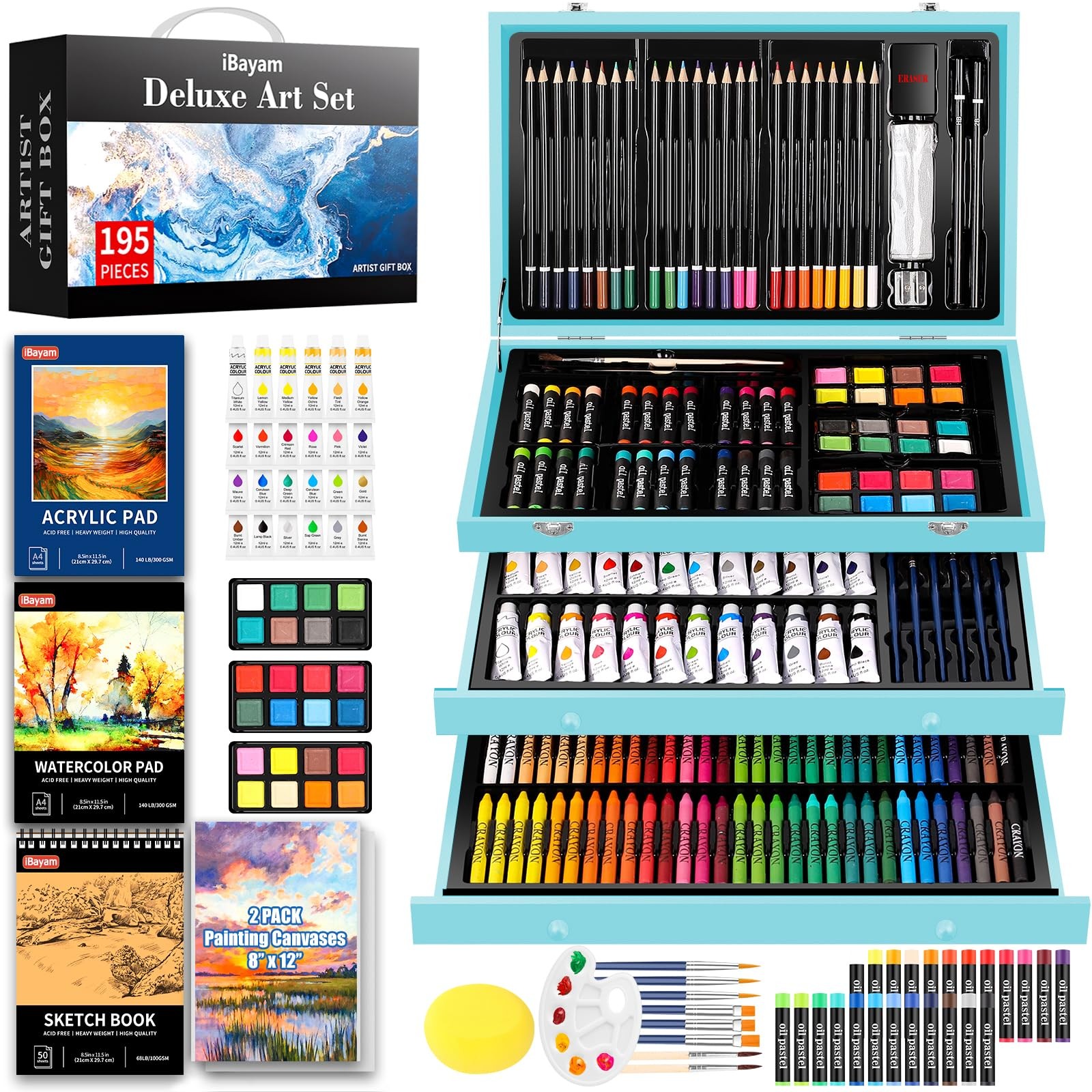 iBayam Art Set for Kids Teens Girls Boys Adult, 195-Pack Deluxe A4, Blue