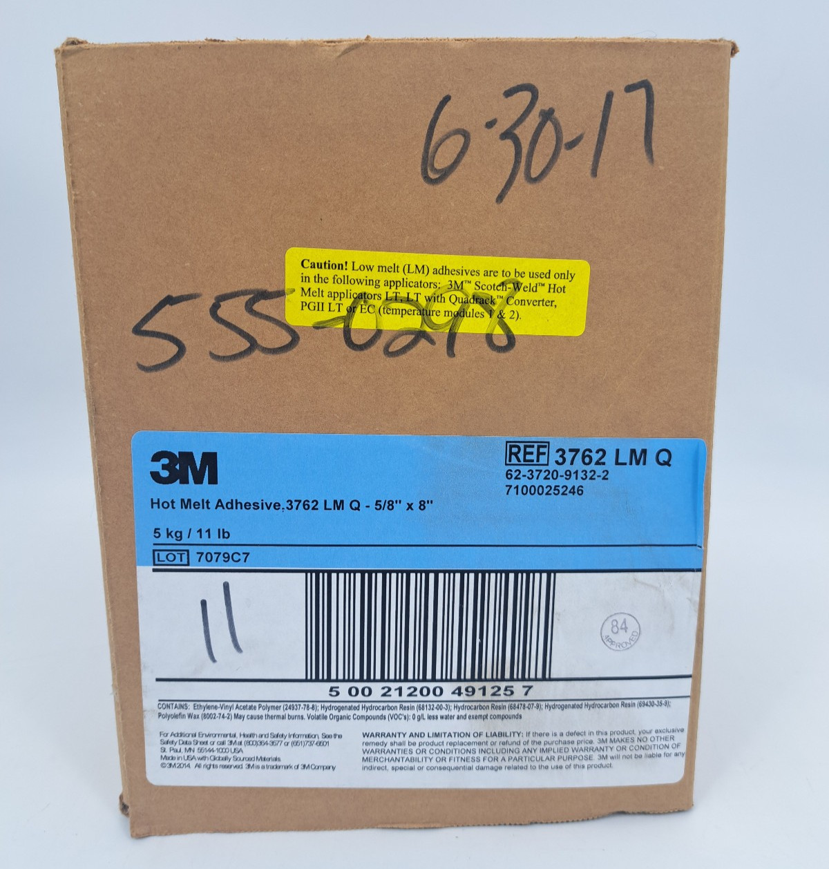 3M Hot Melt Adhesive 3762LM Q, 3762LMQ 3762 LM Light Amber, 5/8 in x 8 in, 11 lb