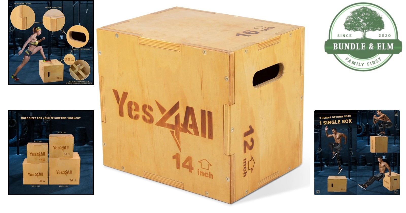 Plyo Box Wooden 3-in-1 12,14,16in Jump Box for Strength Training Home Gym