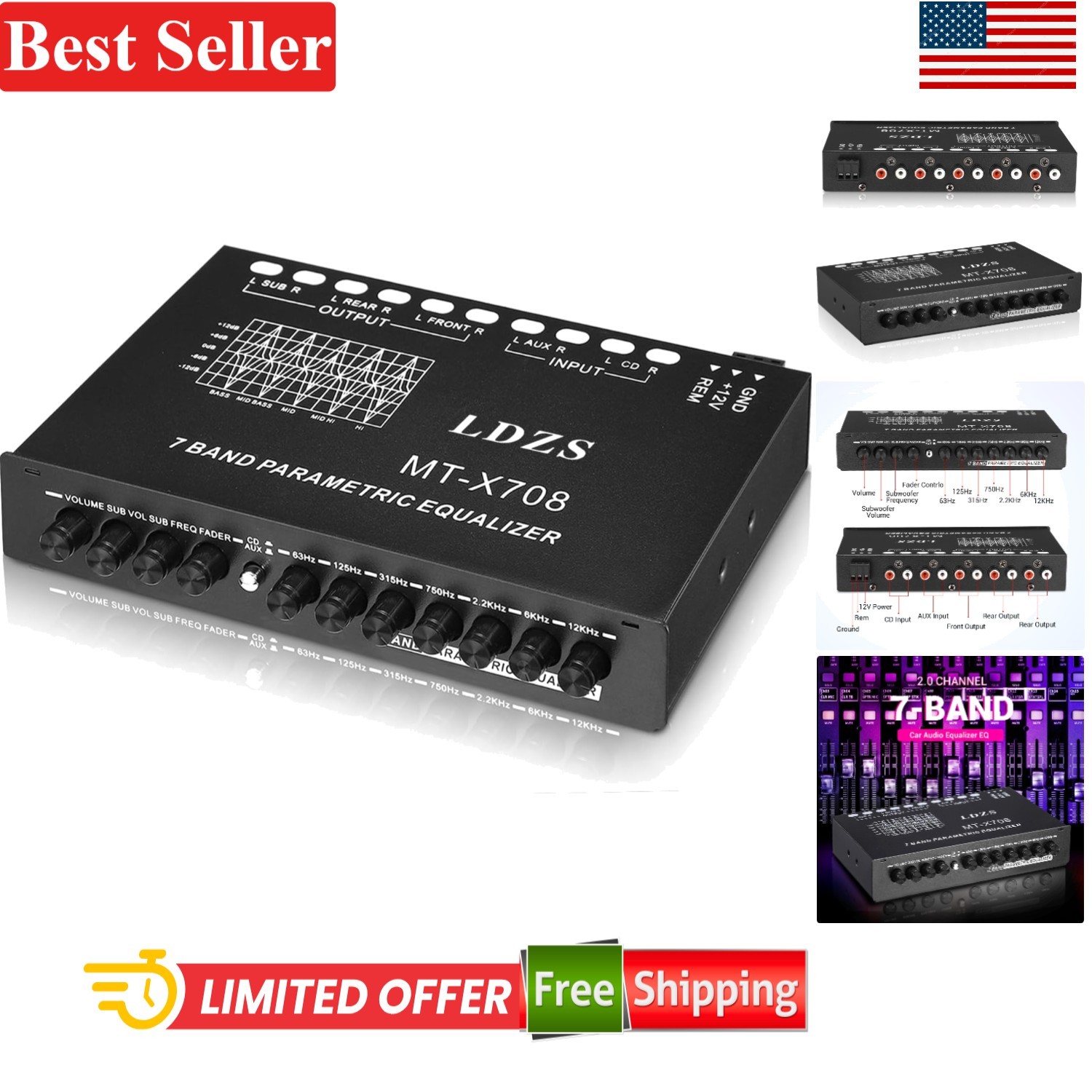 7-Band Car Audio Equalizer 12V 6 Channels Adjustable EQ CD/AUX Input