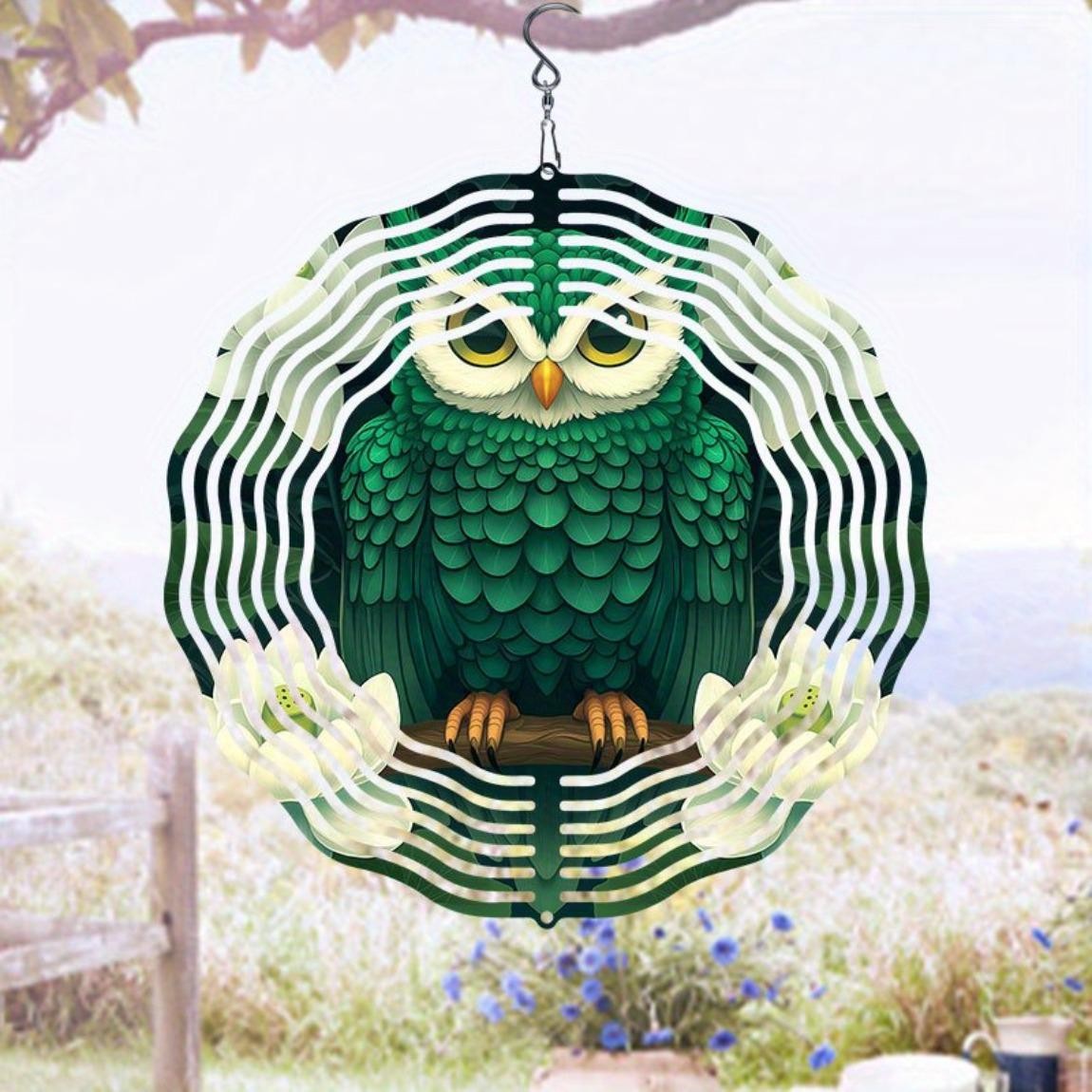 HelloYoung 3D White Lotus Owl Wind Spinner Metal Garden Decor Outdoor Chime Gift
