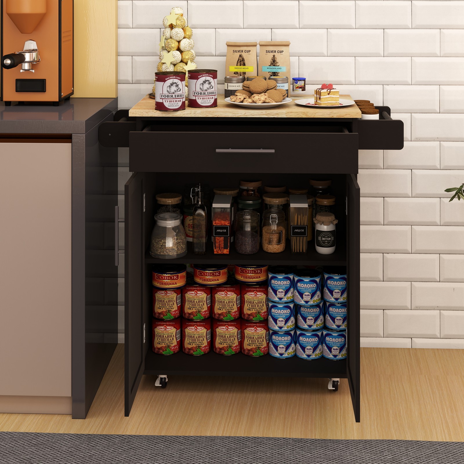 Kitchen island rolling trolley cart with 1 drawer & 2 doors with Adjustable Sh