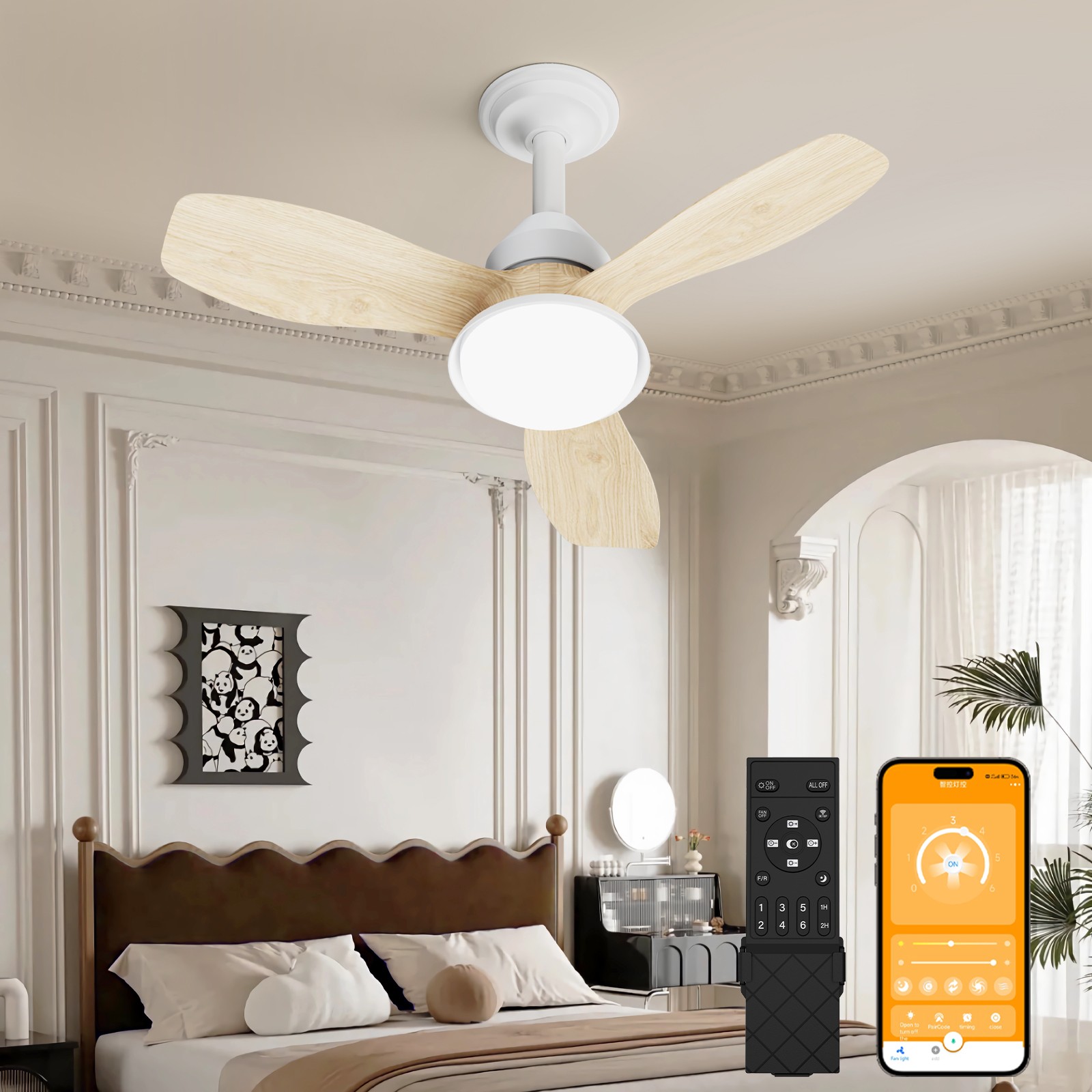 24.4" Wood Grain Ceiling Fan with Light, 3 Blades, 6-Speed, Remote & App