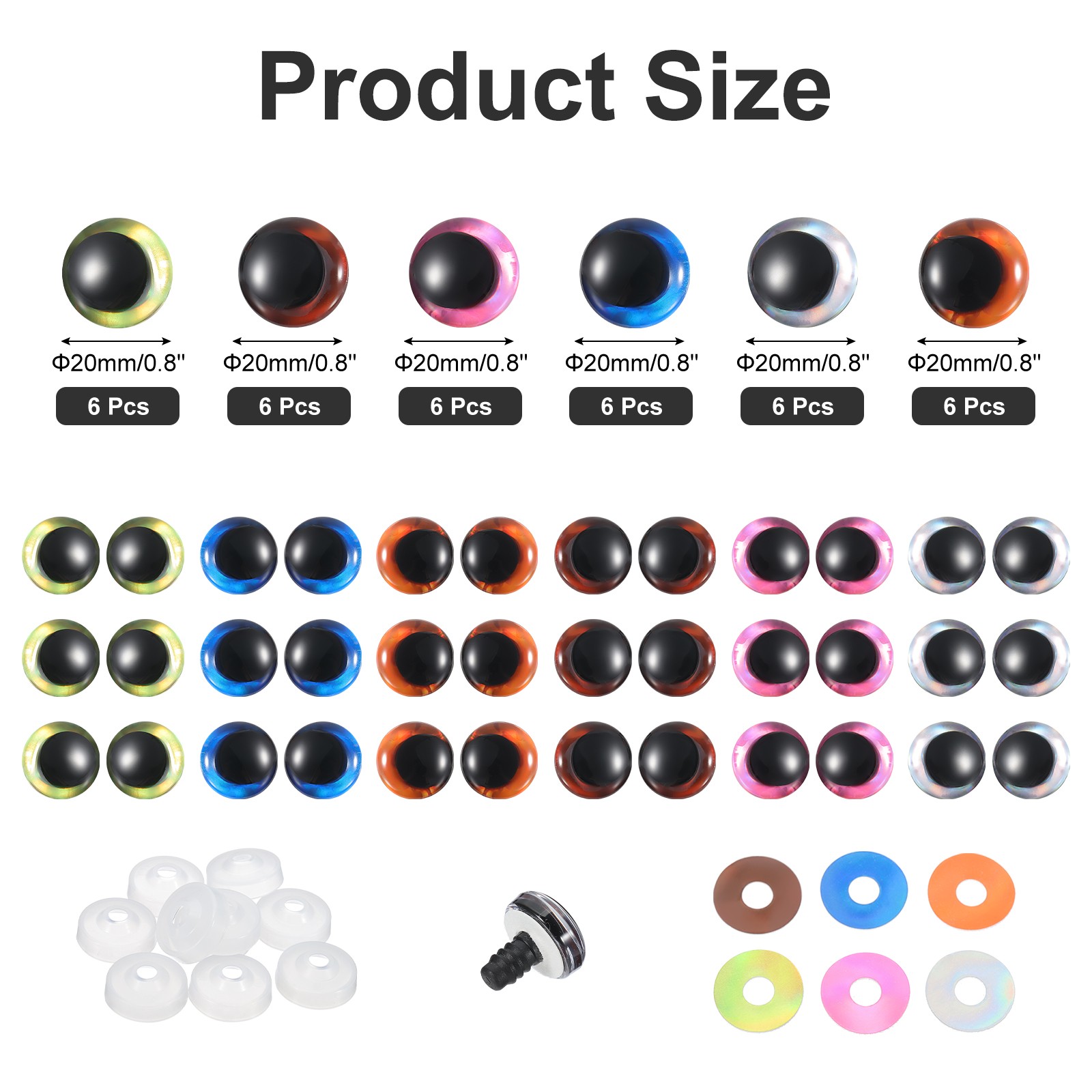 20mm Glitter Moon Safety Eyes, 36 Pcs Colorful Crocheting Safety Eyes, 6 Colors