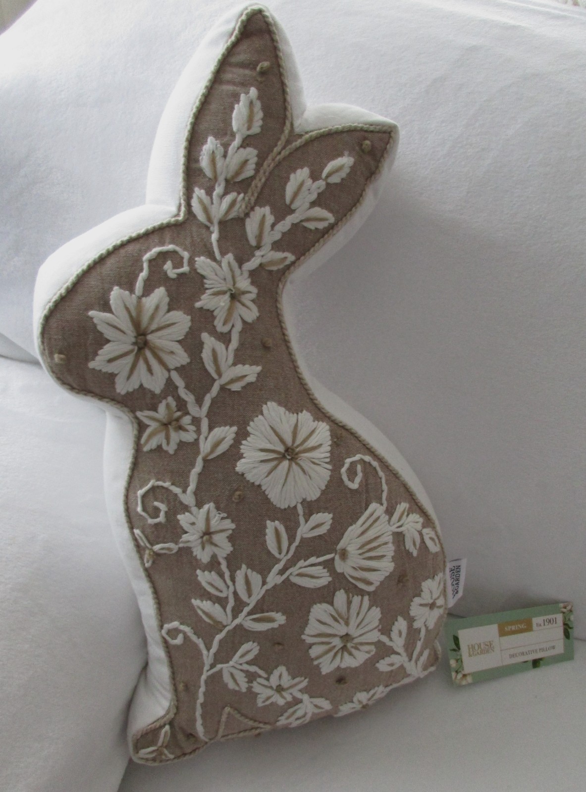 Easter Bunny Cotton Crewel Embroidery Pillow Cottage Neutral Taupe House+Garden