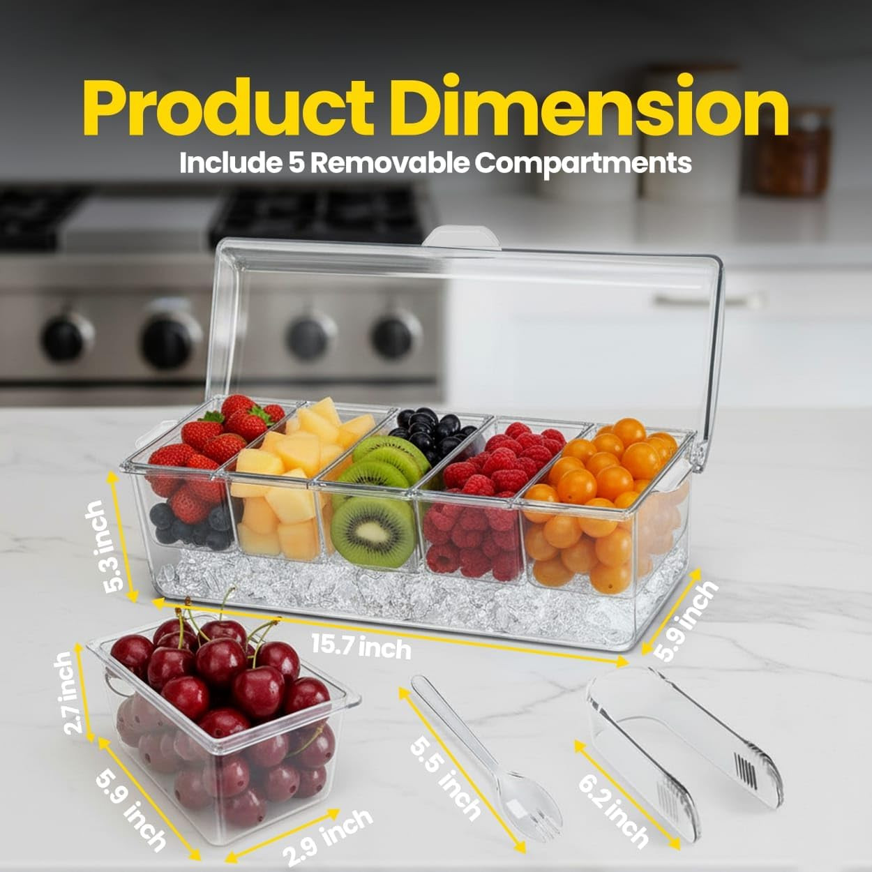 Ice Chilled Condiment Caddy with Lid, 5 Compartments Utensils