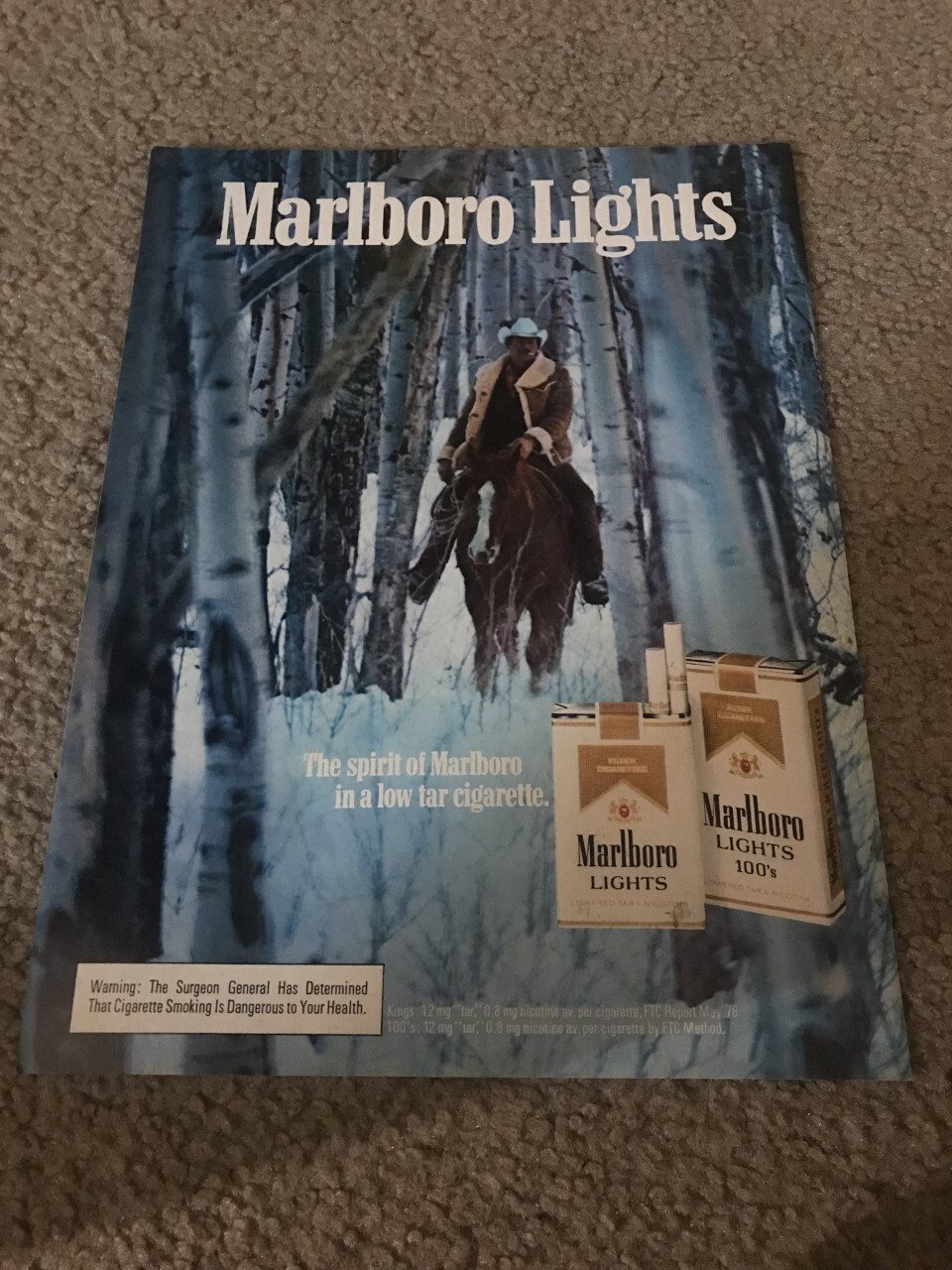 Vintage 1980 MARLBORO LIGHTS 100's CIGARETTES Print Ad COWBOY HORSE SNOW