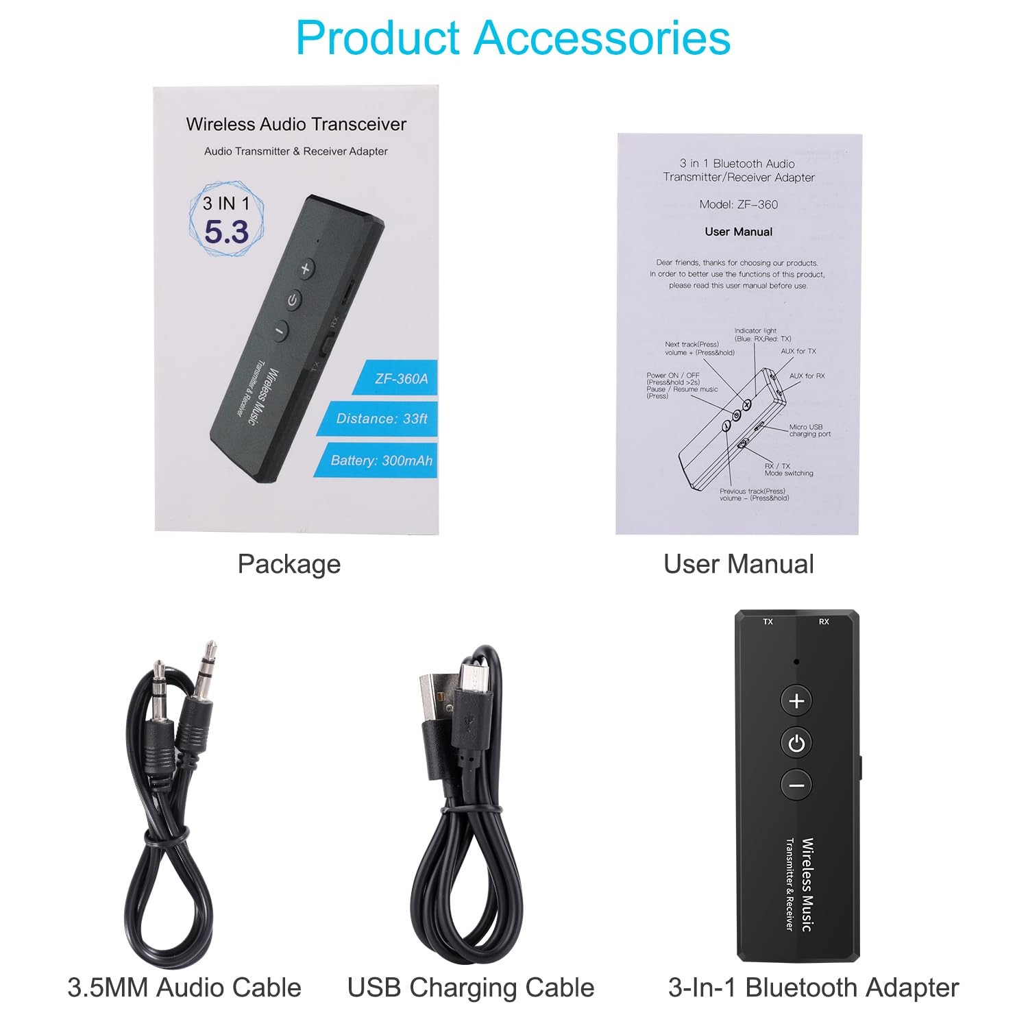 2026 Upgraded Bluetooth 5.3 Transmitter 3-in-1, Portable Wireless Rechargeabl...