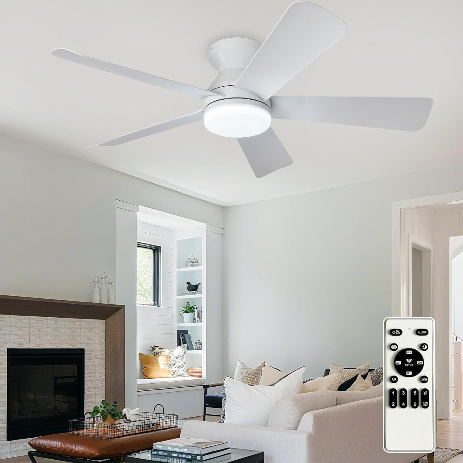 42-Inch White Flush Mount Ceiling Fan with Light, Remote, 5 Blades, 3CCT