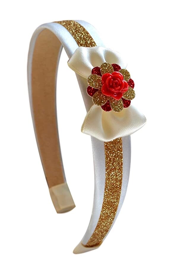 Belle Inspired Red Rose & Gold Sparkling Flower Costume Arch Girls Headband