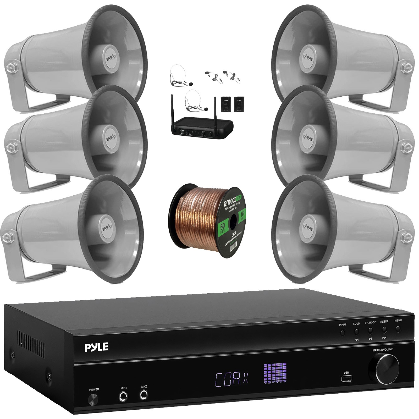 Pyle USB-A FM Receiver, 6x 8.1'' Indoor/Outdoor PA Horn Speakers W/ Wireless Mic