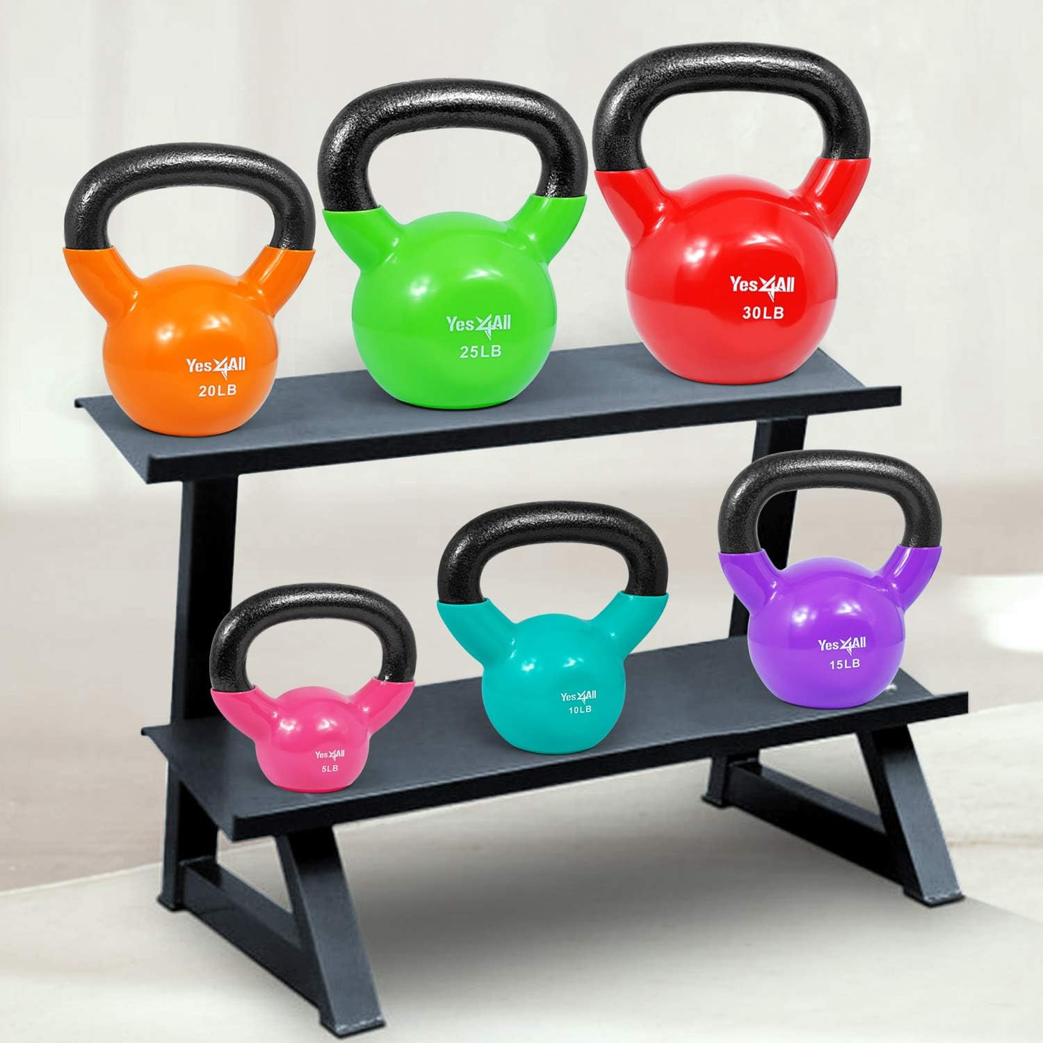 Kettlebell, Vinyl Coated Kettlebell Cast Iron Sets with Stable Flat Bottom for F