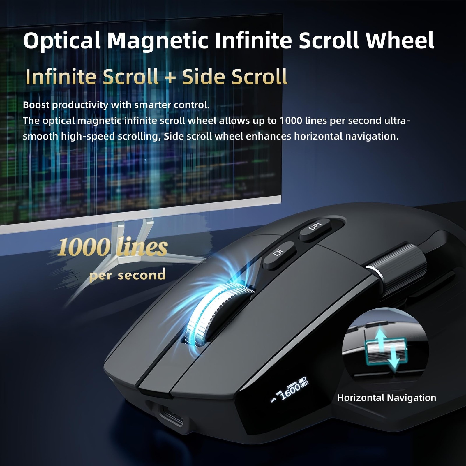 Ergonomic Wireless Mouse with Infinite Scroll & Side Scroll Wheel, Bluetooth ...