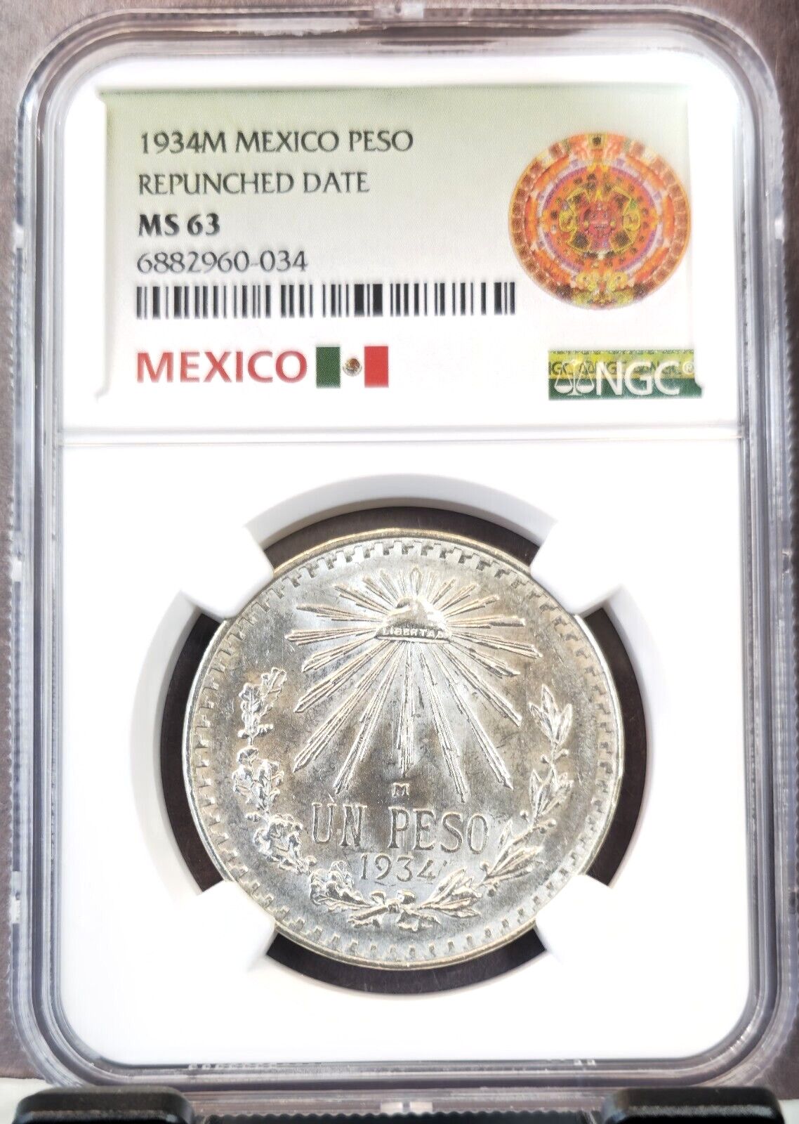 1934 MEXICO SILVER 1 PESO REPUNCHED DATE NGC MS 63 SCARCE VARIETY BEAUTIFUL COIN