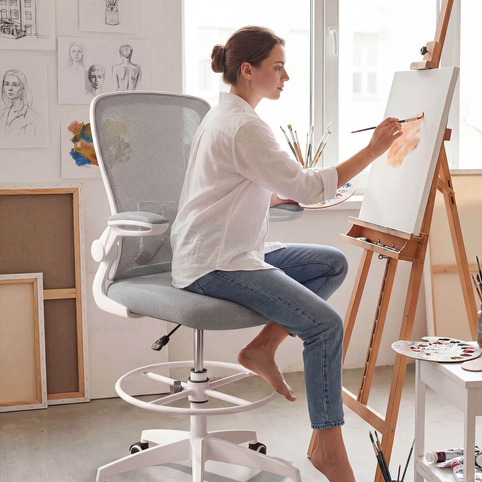 Home Office Drafting Chair w/Flip-Up Armrests Adjustable Footrest Ring for Study