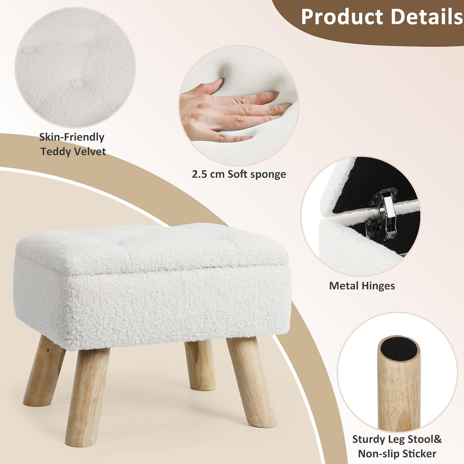 Storage Ottoman Small Foot Stool Ottoman W/ Storage Boucle Teddy Velvet Foot