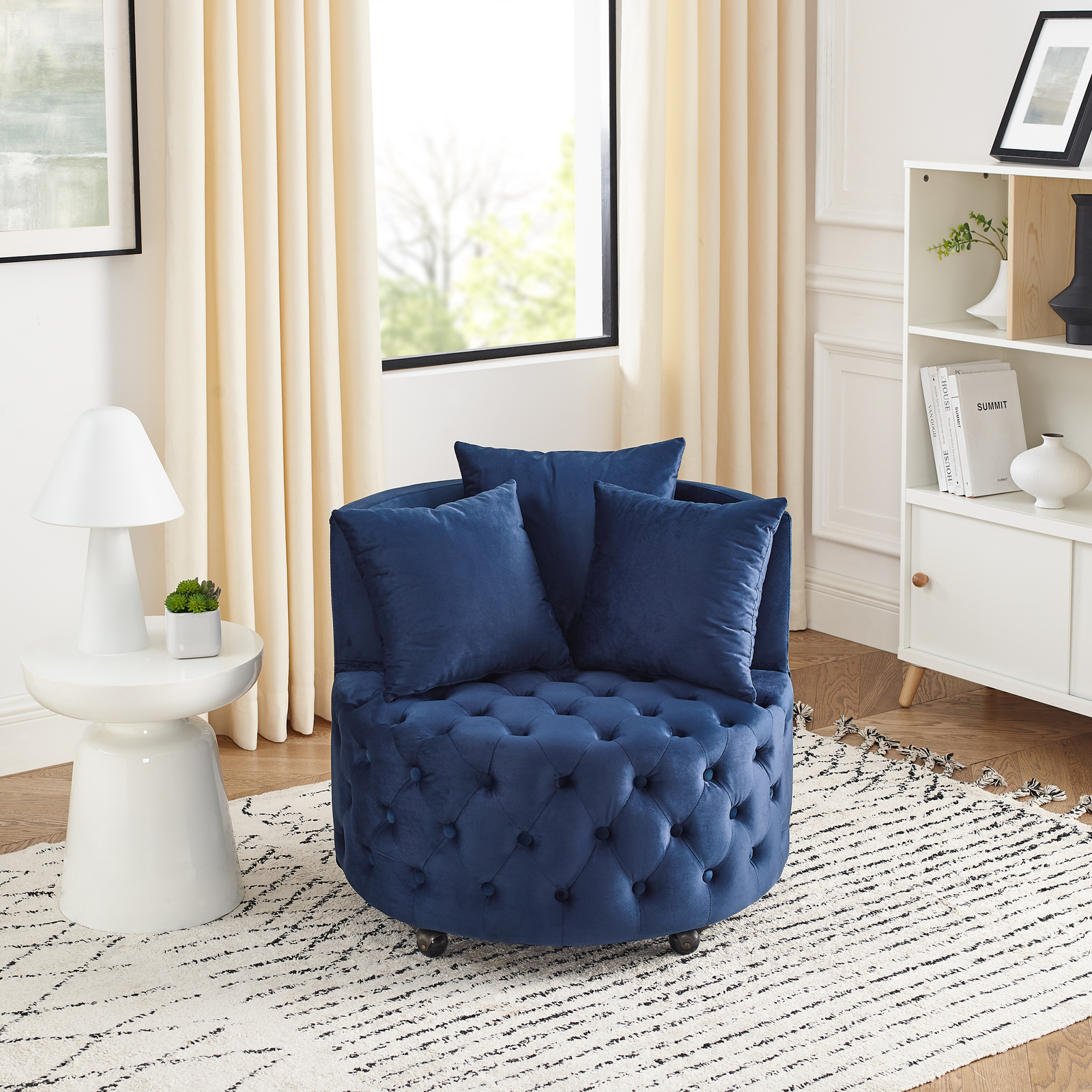 Velvet Upholstered Swivel Chair for Living Room w/ Button Tufted Design, Blue