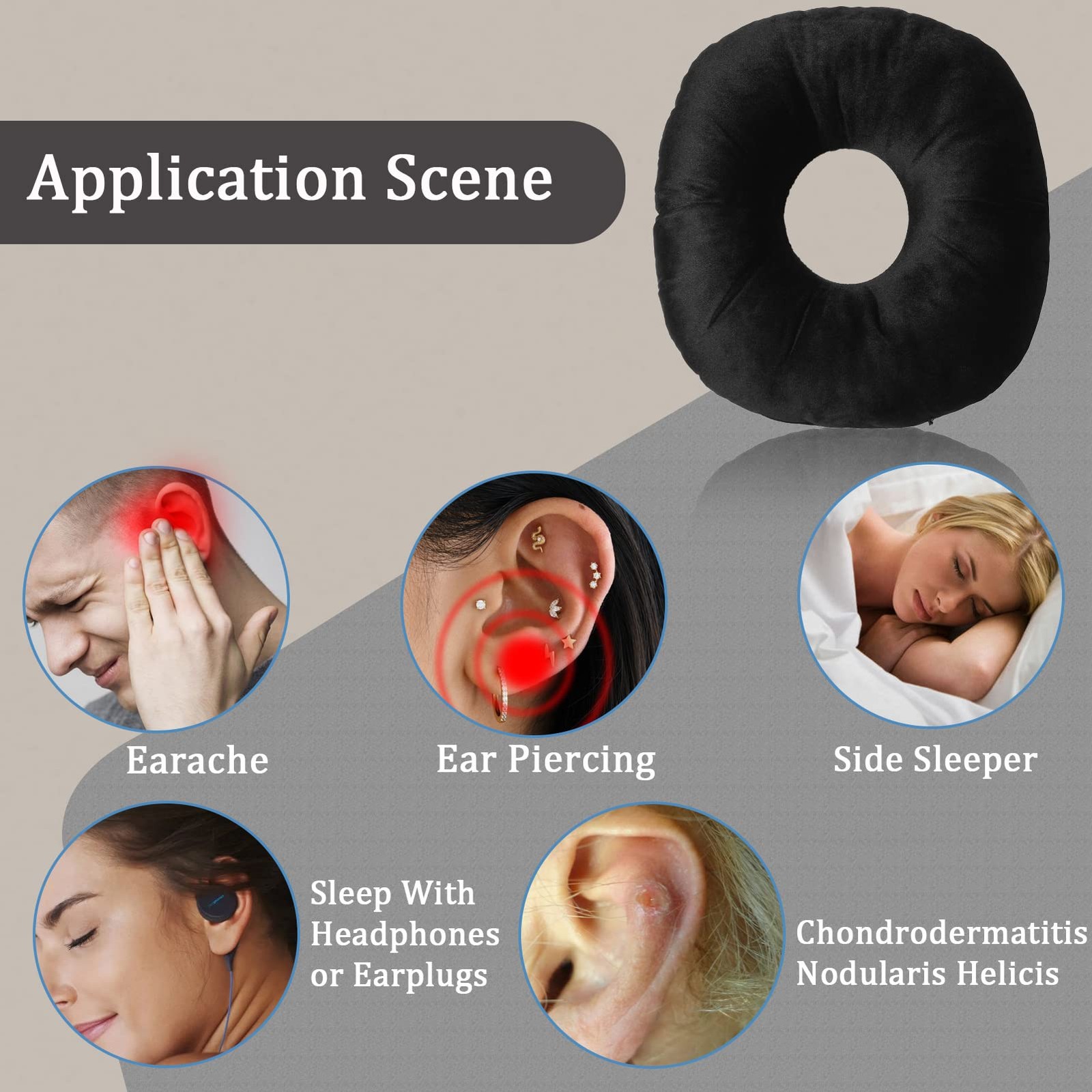 coceyese Ear Piercing Pillow for Side Sleepers with Hole, ALL, Black