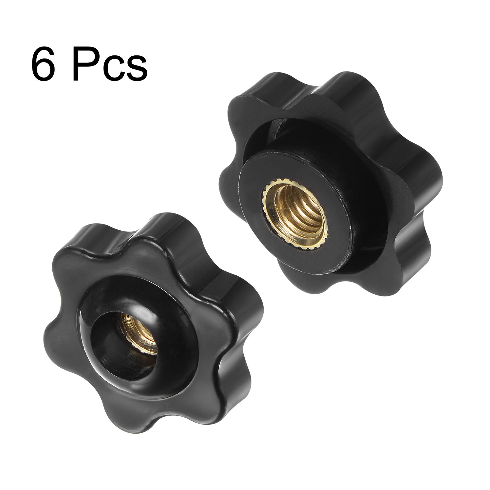 6Sets Star Knobs M6 Thread 25mm Head Through Hole Brass Insert Hand Knob Black