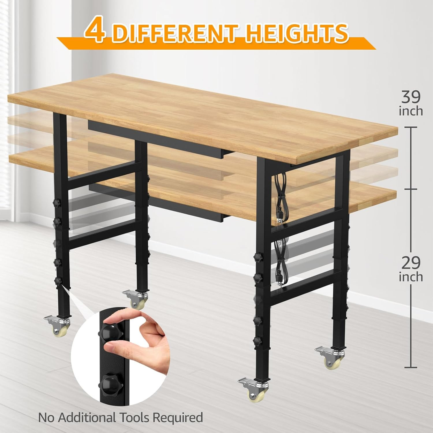 60" Adjustable Workbench,Heavy-Duty Work Table,3000 LBS Load Capacity Hardwood W