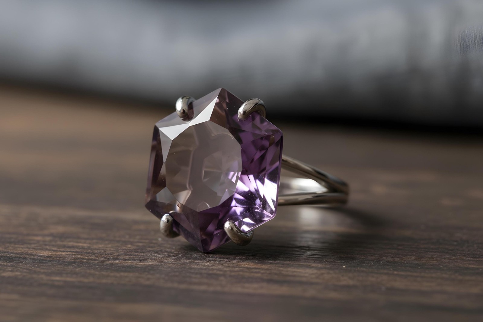 Amethyst Hexagon Ring Anemone Jewelry Sterling Silver Large Cut Purple