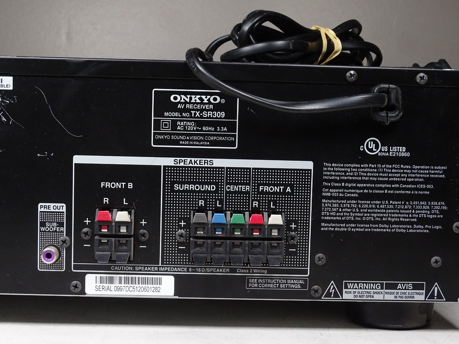 ONKYO A/V Receiver (TX-SR309) NO Remote-TESTED/Working