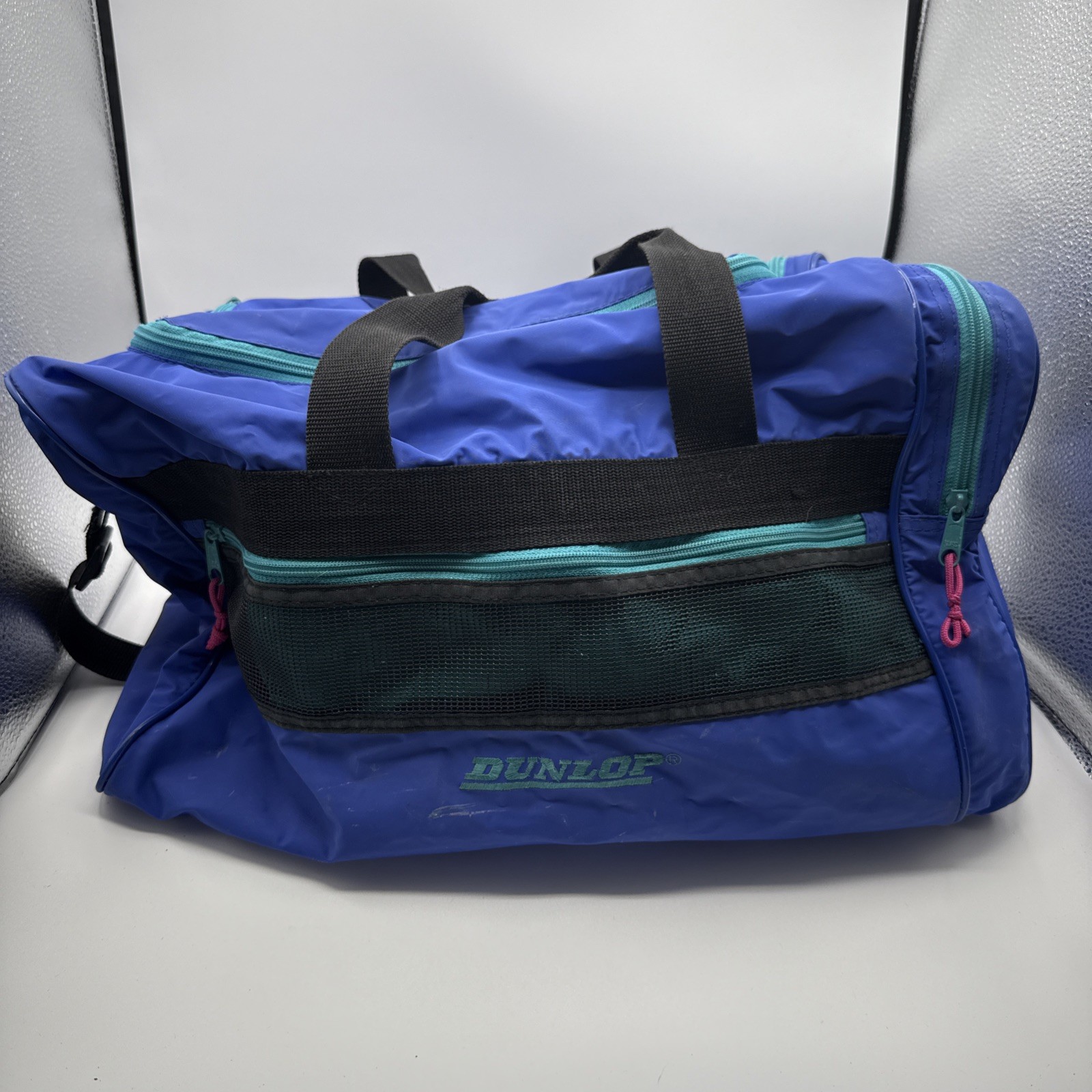 Vintage 90s Dunlop Sports Duffel Bag Blue Nylon Teal Pink Zip Gym Travel