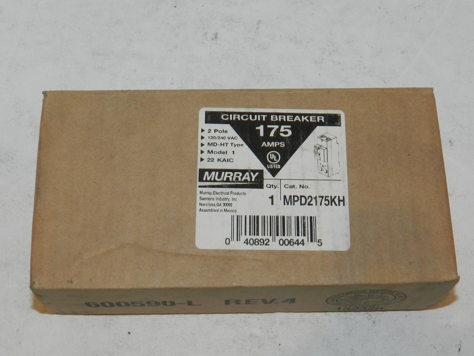 Murray MPD2175 2 Pole 175 Amp 240V Circuit Breaker Type MD-T Siemens MPD2175KH