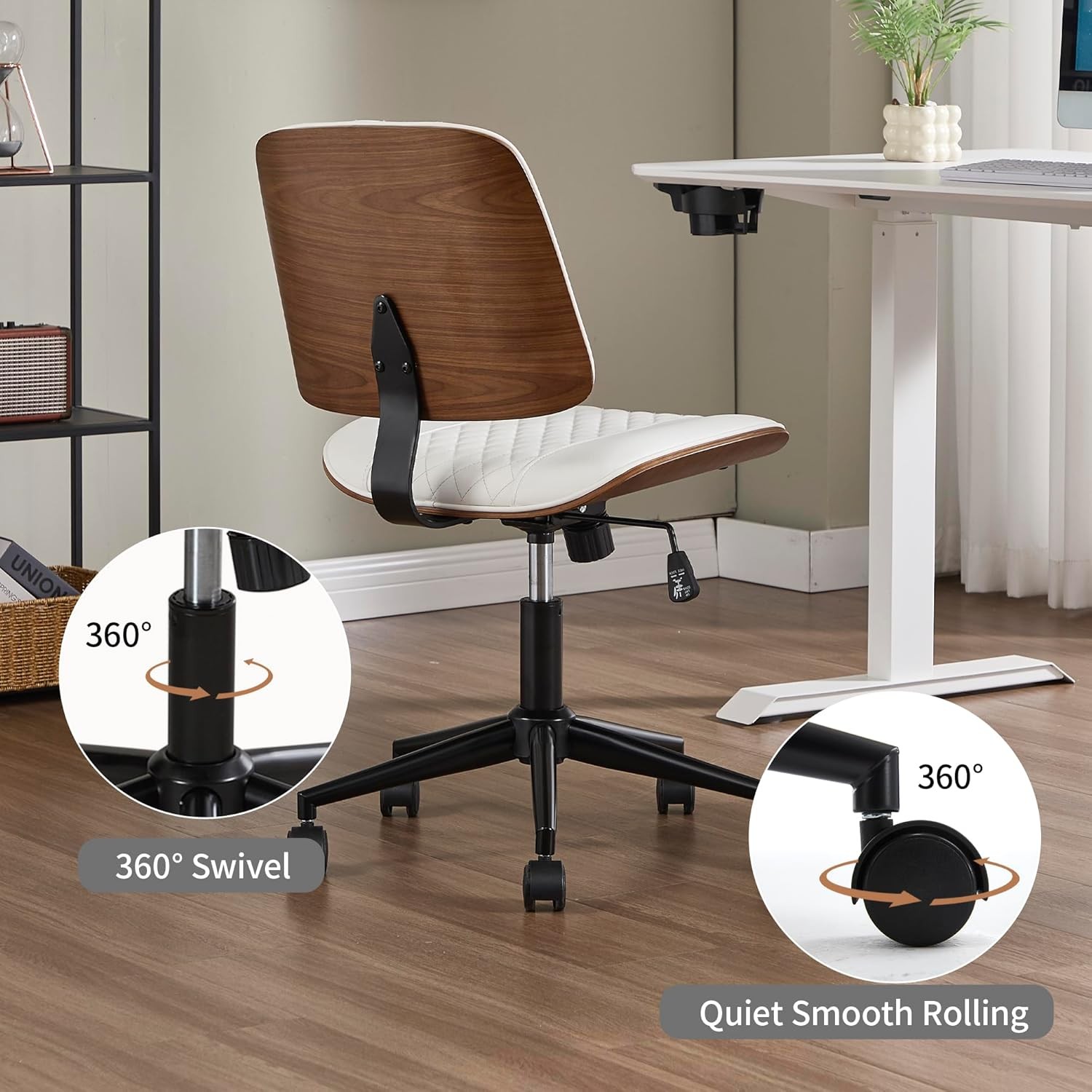 Small Home Office Chair Armless Mid Back Desk Chair W/ 360° Swivel & Wheels PU