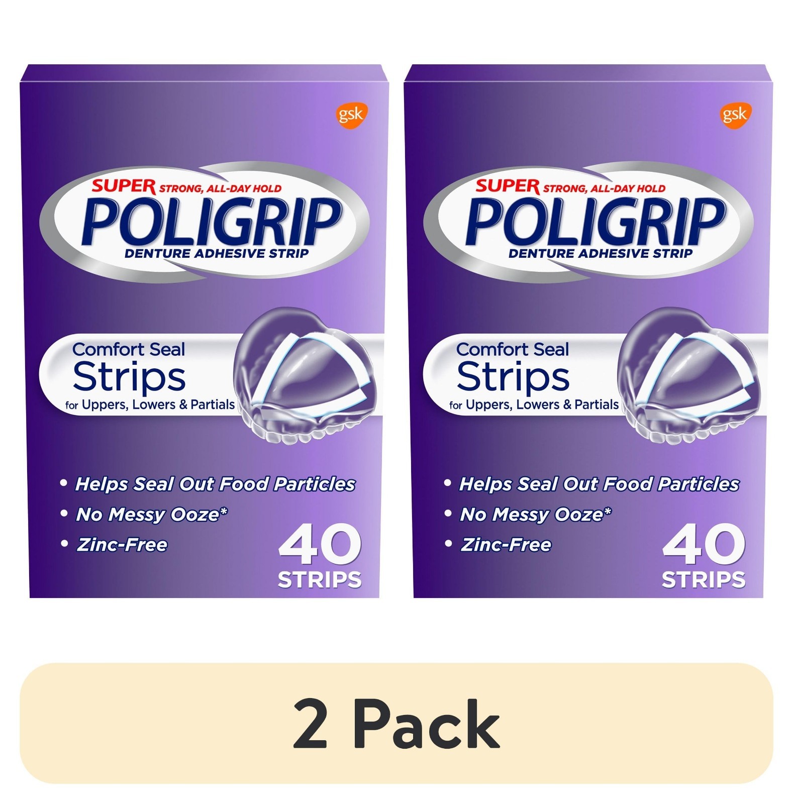 (2 Pack) Super Poligrip Comfort Seal Denture Adhesive Strips 40ct Each Zinc Free