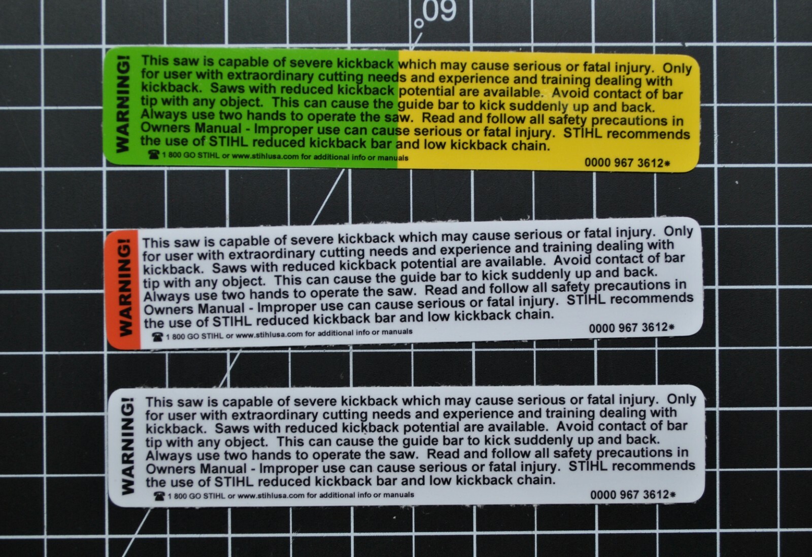 Stihl Hand Guard Warning Label / Decal / Sticker  # 0000 967 3612, # 00009673612