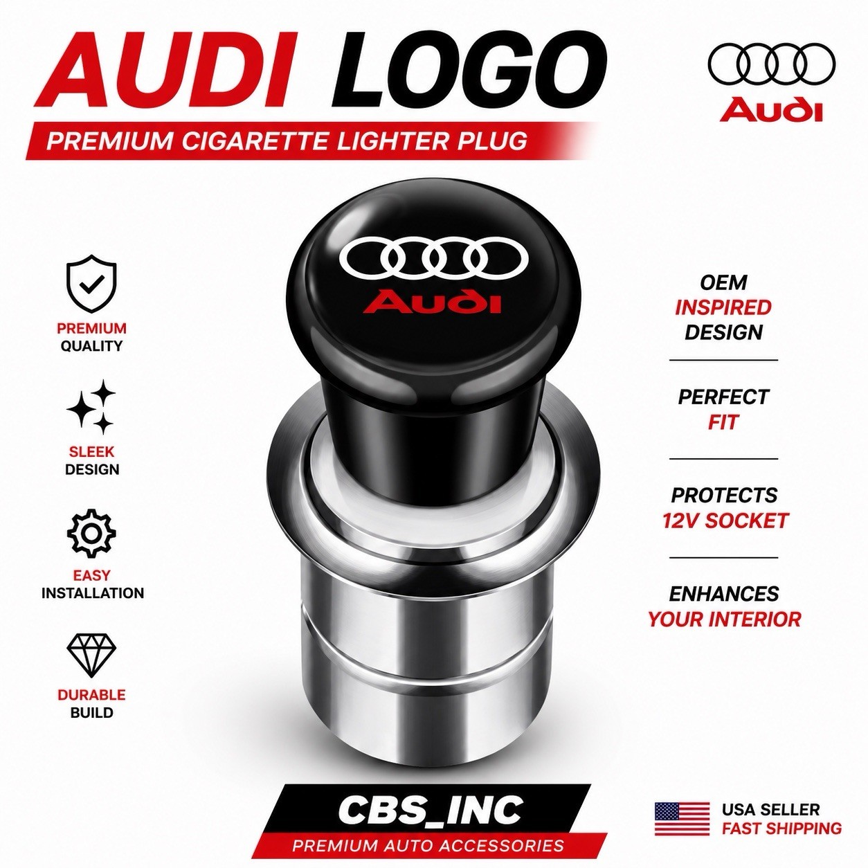 Audi Logo Car Cigarette Lighter Plug Push Button 12V Universal Auto Accessory