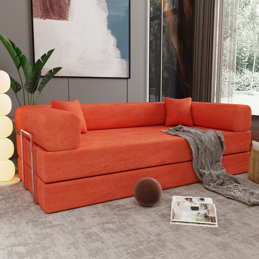 Sleeper Sofa Bed 2-Seater Convertible Couch Corduroy Foam Orange