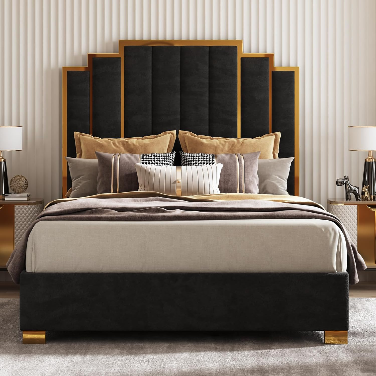 AMERLIFE Queen Size Upholstered Bed, Modern Velvet Bed Frame with 61.4” Tall Gol