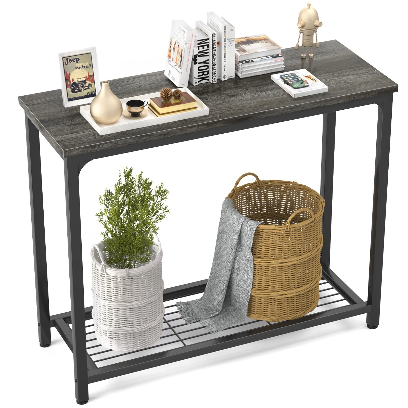 Console Table Sofa Table with Mesh Shelves, 2 Tier Entryway Table Foyer Table...