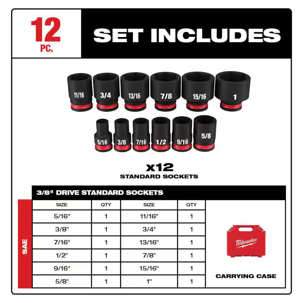 SHOCKWAVE 3/8 In. Drive SAE 6 Point Impact Socket Set (12-Piece)