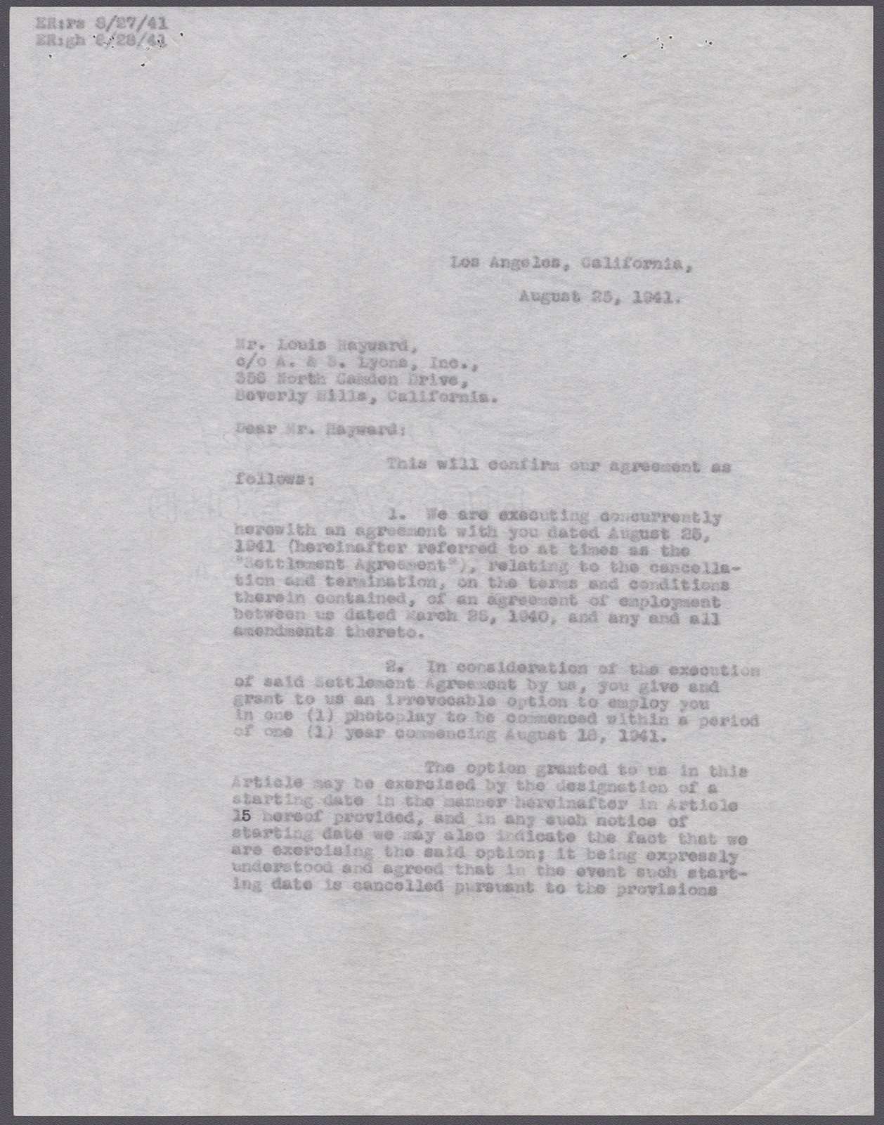 LOUIS HAYWARD - CONTRACT SIGNED 08/25/1941