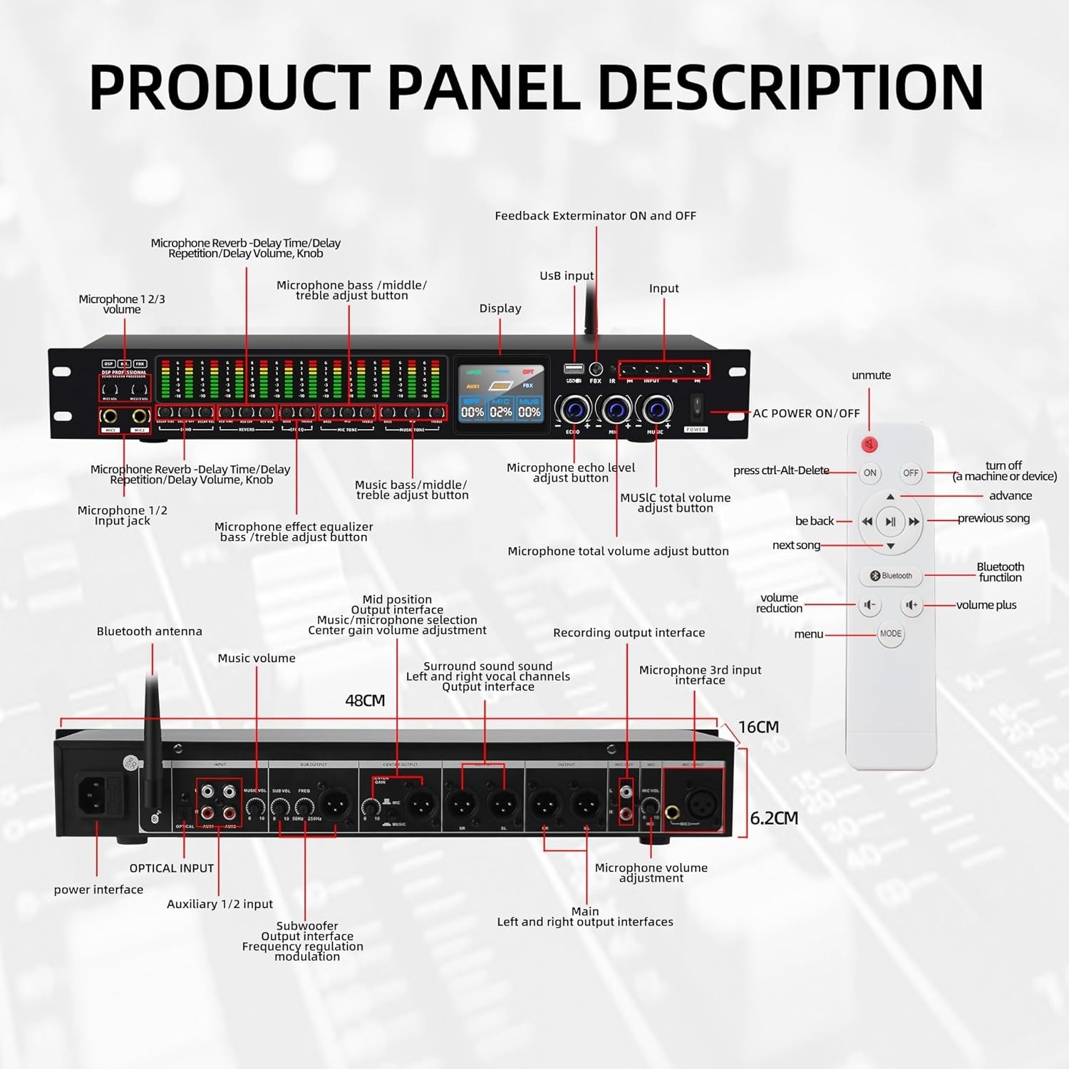 K-6 Professional KTV Digital Pre-Stage Effector Anti-Howling Audio Processor Kar