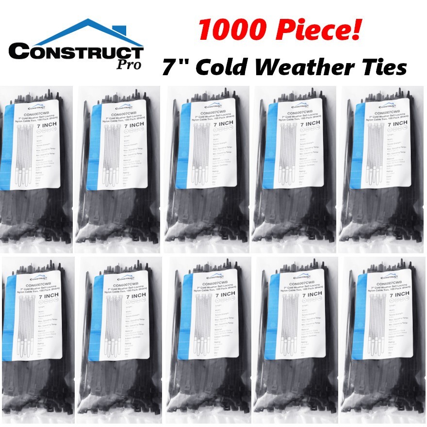 1000 Pack Construct Pro 7” Cold Weather Self-Locking Nylon Cable Ties Black Zip