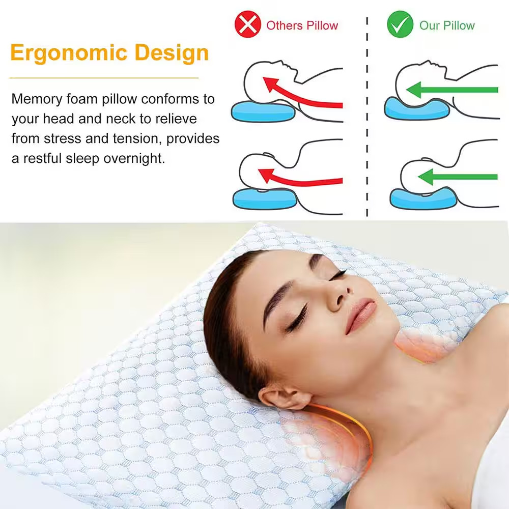 2-Piece Queen Size Cooling Memory Foam Pillow, Ventilated Soft Double Sided Bed