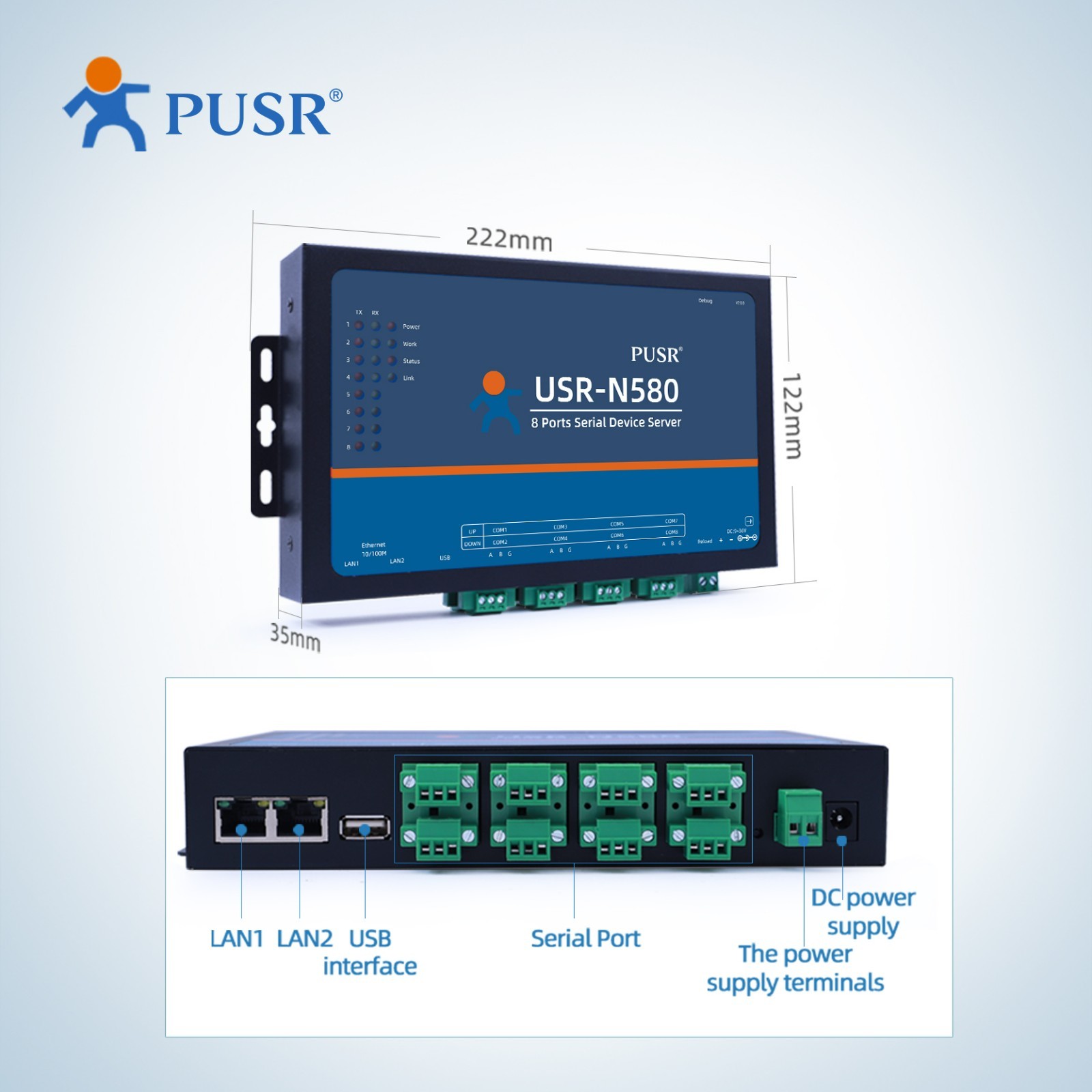 PUSR 8 Port RS485 to Ethernet Serial to Ethernet Converter Modbus MQTT USR-N580